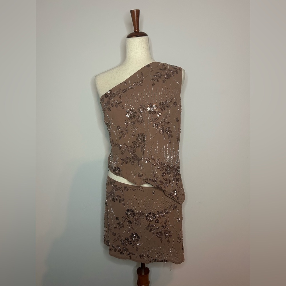 PEPPERMAYO Sequin One-Shoulder Mini Dress in Brown w/Stomach Cut Out